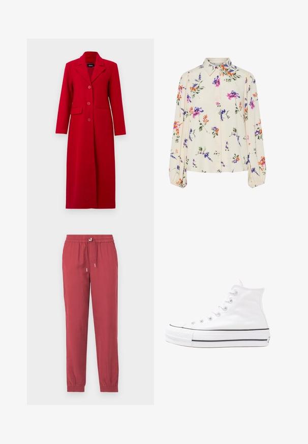 Duga crvena kaput s ovratnikom, tri gumba i dva prednja džepa. Izrađen od glatkog materijala, ima krojeni dizajn i ravnu siluetu.; Cvjetna bluza s dugim napuhanim rukavima, svijetlo krem osnova, s ljubičastim, narančastim i zelenim cvjetnim uzorcima, te klasičnim dizajnom ovratnika.; Crvene, lagane, sužene hlače s elastičnim pojasom i vezicom. Imaju manšete na gležnjevima i glatku teksturu.; Bijela visoka platnena tenisica s crnom gumenom potplatom, prednjim gumenim zaštitnikom prstiju i šest rupa za vezanje, s čistim, minimalističkim dizajnom.