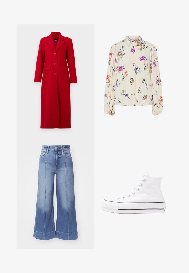 Abrigo largo rojo con cuello, tres botones y dos bolsillos frontales. Hecho de una tela suave, presenta un diseño ajustado y una silueta recta.; Blusa floral con mangas largas abullonadas, base color crema claro, con patrones florales en púrpura, naranja y verde, y diseño de cuello clásico.; Jeans de mezclilla de pierna ancha en azul claro, con una cintura alta, diseño desgastado, bolsillos frontales y detalles cosidos a lo largo de las piernas.; Zapatilla de lona alta blanca con suela de goma negra, puntera de goma frontal y seis ojetes para los cordones, que presenta un diseño limpio y minimalista.