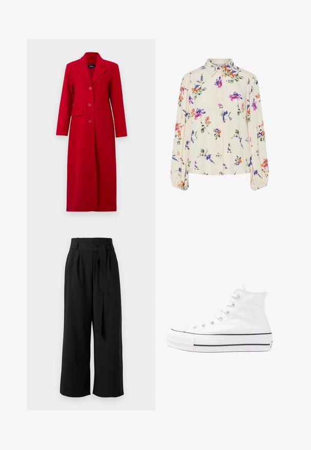 Długa czerwona kurtka z kołnierzem, trzema guzikami i dwiema przednimi kieszeniami. Wykonana z gładkiego materiału, charakteryzuje się dopasowanym krojem i prostą sylwetką.; Bluzka w kwiaty z długimi bufkami, w jasnym kremowym kolorze, z fioletowymi, pomarańczowymi i zielonymi wzorami kwiatowymi oraz klasycznym kołnierzykiem.; Czarne szerokie spodnie z lekkiego materiału, z zawiązywanym pasem, plisami i skróconym krojem powyżej kostki.; Białe wysokie trampki z płótna z czarną gumową podeszwą, przednim czubkiem z gumy i sześcioma dziurkami na sznurowadła, charakteryzujące się prostym, minimalistycznym designem.