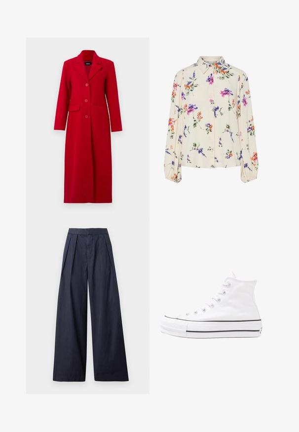 Dolga rdeča plašča s ovratnikom, tremi gumbi in dvema sprednjima žepoma. Narejen iz gladkega blaga, ima prilagojen kroj in raven silhueto.; Cvetna bluzica z dolgimi puff rokavi, svetlo smetanaste barve, s purpurnimi, oranžnimi in zelenimi cvetličnimi vzorci ter klasičnim ovratnikom.; Mornarske široke hlače z nabranim sprednjim delom in šivanim pasom. Narejene so iz gladkega, lahkega materiala, z ravnim krojem in brez vidnih kovinskih delov.; Beli visoki platneni športni čevelj z črnim gumijastim podplatom, sprednjim gumijastim zaščitnikom za prste in šestimi luknjicami za vezalke, ki se ponaša s preprostim, minimalističnim dizajnom.