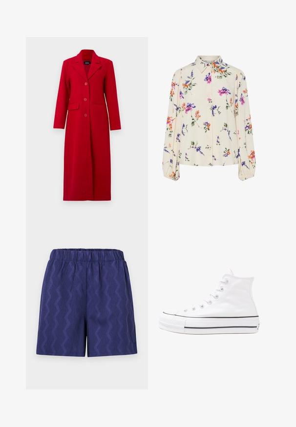 Dlouhý červený kabát s límcem, třemi knoflíky a dvěma předními kapsami. Vyroben z hladkého materiálu, má upravený střih a rovnou siluetu.; Květnatá blůza s dlouhými balónovými rukávy, světle krémové barvy, s fialovými, oranžovými a zelenými květinovými vzory a klasickým límečkem.; Námořnické modré šortky s texturovaným zigzagovým vzorem, vybavené elastickým pasem pro pohodlí a volný střih. Vyrobeno z lehkého materiálu.; Bílé vysoké plátěné tenisky s černou gumovou podrážkou, přední gumovou špičkou a šesti očky na tkaničky, se čistým, minimalistickým designem.