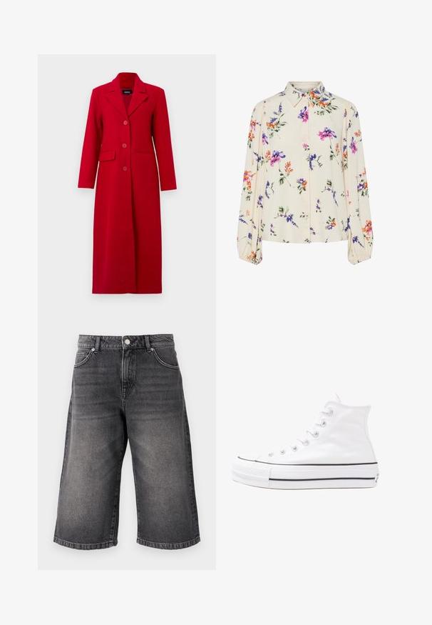 Ilgas raudonas paltas su apykakle, trimis sagomis ir dviem priekinėmis kišenėmis. Pagamintas iš lygaus audinio, pasižymi pritaikytu dizainu ir tiesia siluetu.; Gėlių bluzonas su ilgomis pūkuotomis rankovėmis, šviesiai kreminiu pagrindu, su violetiniais, oranžiniais ir žaliais gėlių raštais bei klasikiniu apykaklės dizainu.; Juodos džinsinės šortai, laisvas siluetas su vidutinio aukščio juosmeniu. Turinti penkis kišenes, metalinį sagutę ir išblukusią tekstūrą, suteikiančią nusidėvėjusio įvaizdžio.; Balti aukštakulniai drobės sportbačiai su juodu guminio pado, priekinio guminio piršto dangteliu ir šešiais akytėmis raištams, pasižymintys švariu, minimalistiniu dizainu.