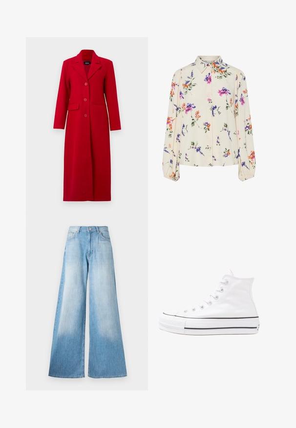 Long red coat with a collar, three buttons, and two front pockets. Made of smooth fabric, it features a tailored design and straight silhouette.; Floral blouse with long puff sleeves, light cream base, featuring purple, orange, and green floral patterns, and classic collar design.; Light blue wide-leg jeans with a faded wash, featuring a button closure, belt loops, and classic five-pocket design.; White high-top canvas sneaker with black rubber sole, front rubber toe cap, and six eyelets for laces, featuring a clean, minimalist design.