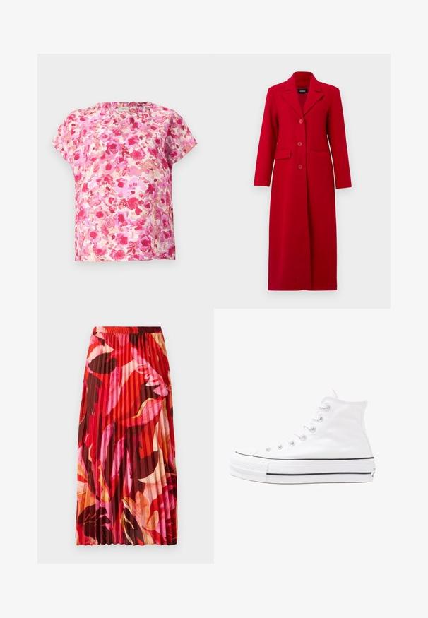 Cappotto lungo rosso con colletto, tre bottoni e due tasche frontali. Realizzato in tessuto liscio, presenta un design sartoriale e una silhouette dritta.; Top corto a maniche corte con motivo floreale in tonalità di rosa e corallo, caratterizzato da una vestibilità ampia, scollo rotondo e tessuto morbido con un motivo acquerello.; Gonna maxi plissettata in un vivace motivo floreale rosso, rosa e marrone. La cintura elasticizzata e la texture morbida migliorano il comfort e lo stile.; Sneaker alta in tela bianca con suola in gomma nera, punta in gomma frontale e sei asole per i lacci, caratterizzata da un design pulito e minimalista.