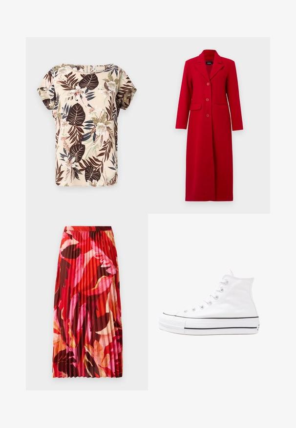 Langer roter Mantel mit Kragen, drei Knöpfen und zwei Fronttaschen. Aus glattem Stoff gefertigt, zeichnet er sich durch ein maßgeschneidertes Design und eine gerade Silhouette aus.; Kurzarmbluse in Beige mit einem tropischen Blumenmuster, das dunkle Blätter, zarte rosa Blumen und grüne Akzente zeigt. Glatte Stofftextur.; Faltet Maxi-Rock in lebhaftem Rot, Pink und braunem Blumenmuster. Der elastische Bund und die glatte Textur erhöhen Komfort und Stil.; Weiße hochwertige Leinensneaker mit schwarzer Gummisohle, vorderem Gummizehenschutz und sechs Ösen für Schnürsenkel, die ein sauberes, minimalistisches Design aufweisen.