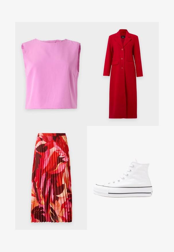 Lang rød frakk med krage, tre knapper og to frontlommer. Laget av glatt stoff, har den et skreddersydd design og rett silhuett.; Rosa ermeløs topp med rund hals, glatt tekstur og knappelukking bak. Designet er boxy og avslappet i passformen.; Plisserte maxiskjørt i en livlig rød, rosa og brun blomsterdesign. Elastisk midjebånd og glatt tekstur forbedrer komfort og stil.; Hvit høy-skinn kanvas sneakers med svart gummisåle, gummitåhette foran og seks hull for snorer, med et rent, minimalistisk design.