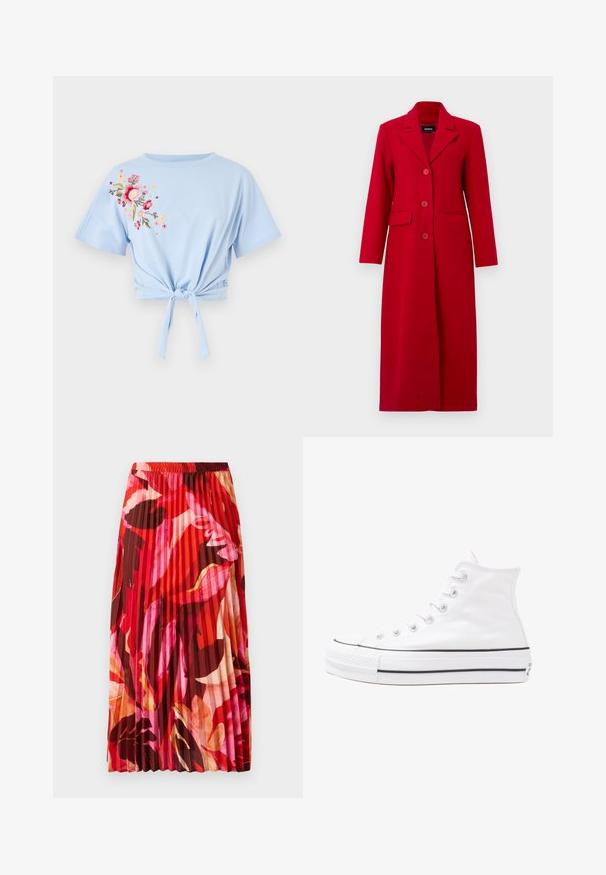 Dlhý červený kabát s golierom, tromi gombíkmi a dvoma prednými vreckami. Vyrobený z hladkej tkaniny, má upravený dizajn a rovný siluet.; Svetlomodrá skrátená tričko s okrúhlym výstrihom a krátkymi rukávmi, s kvetinovou výšivkou v ružovej a žltej farbe na ľavej strane a detailom uzla.; Plisovaná maxi sukňa v živých červených, ružových a hnedých kvetinových vzoroch. Elastický pás a hladká textúra zvyšujú pohodlie a štýl.; Biele vysoké plátené tenisky s čiernou gumovou podošvou, prednou gumovou špičkou a šiestimi okami na šnúrky, s čistým, minimalistickým dizajnom.
