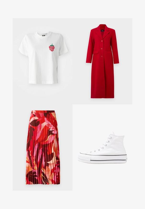 Ilgas raudonas paltas su apykakle, trimis sagomis ir dviem priekinėmis kišenėmis. Pagamintas iš lygaus audinio, pasižymi pritaikytu dizainu ir tiesia siluetu.; Balta medvilninė marškinėliai trumpomis rankovėmis ir apvaliu iškirpimu, su raudona ir žalia siuvinėta braške ir tekstu "BERRY CUTE."; Vibranti raudona, rožinė ir ruda gėlių rašto plisuota ilga sijonas. Elastinga juosmens juosta ir glotni tekstūra užtikrina komfortą ir stilių.; Balti aukštakulniai drobės sportbačiai su juodu guminio pado, priekinio guminio piršto dangteliu ir šešiais akytėmis raištams, pasižymintys švariu, minimalistiniu dizainu.