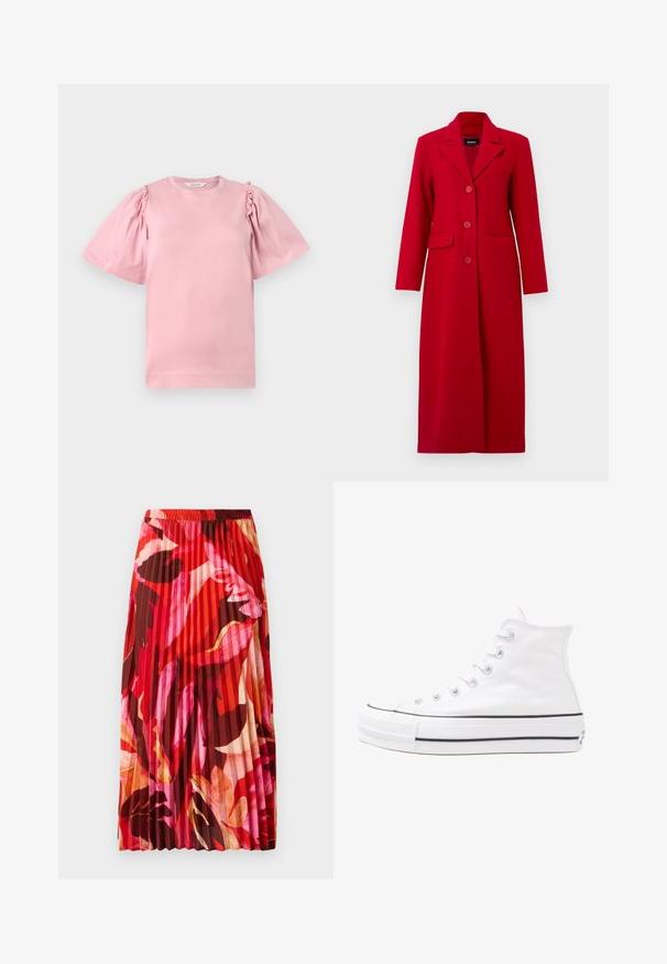 Garšs sarkans skapja mētelis ar apkakli, trim pogām un divām priekšējām kabatām. Izgatavots no gludas auduma, tas izceļas ar pielāgotu dizainu un taisnu siluetu.; Rozā kokvilnas T-kreklis ar īsām pūkainām piedurknēm un sakrokojumu uz pleciem. Klasisks apaļš kakla izgriezums un taisna apakša. Mīksta tekstūra.; Izplešanās maksi svārki ar dzīvīgu sarkanu, rozā un brūnu ziedu rakstu. Elastīgs josta un gluda tekstūra uzlabo komfortu un stilu.; Balti augstie kanvas sporta apavi ar melnu gumijas zoli, priekšējo gumijas purngalu un sešām acīm lencēm, kuriem ir tīrs, minimālistisks dizains.