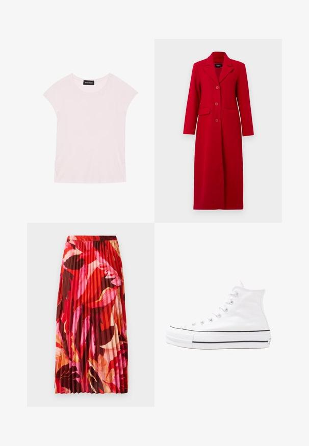 Dlhý červený kabát s golierom, tromi gombíkmi a dvoma prednými vreckami. Vyrobený z hladkej tkaniny, má upravený dizajn a rovný siluet.; Svetloružové tričko s krátkymi rukávmi, okrúhlym výstrihom a zberanými detailmi po stranách. Vyrobené z mäkkej, ľahkej tkaniny.; Plisovaná maxi sukňa v živých červených, ružových a hnedých kvetinových vzoroch. Elastický pás a hladká textúra zvyšujú pohodlie a štýl.; Biele vysoké plátené tenisky s čiernou gumovou podošvou, prednou gumovou špičkou a šiestimi okami na šnúrky, s čistým, minimalistickým dizajnom.