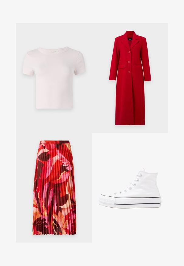 Langer roter Mantel mit Kragen, drei Knöpfen und zwei Fronttaschen. Aus glattem Stoff gefertigt, zeichnet er sich durch ein maßgeschneidertes Design und eine gerade Silhouette aus.; Rosa Baumwoll-T-Shirt mit kurzen Ärmeln, rundem Ausschnitt und lässiger Passform. Glatte Textur und einfaches Design, geeignet für Freizeitkleidung.; Faltet Maxi-Rock in lebhaftem Rot, Pink und braunem Blumenmuster. Der elastische Bund und die glatte Textur erhöhen Komfort und Stil.; Weiße hochwertige Leinensneaker mit schwarzer Gummisohle, vorderem Gummizehenschutz und sechs Ösen für Schnürsenkel, die ein sauberes, minimalistisches Design aufweisen.