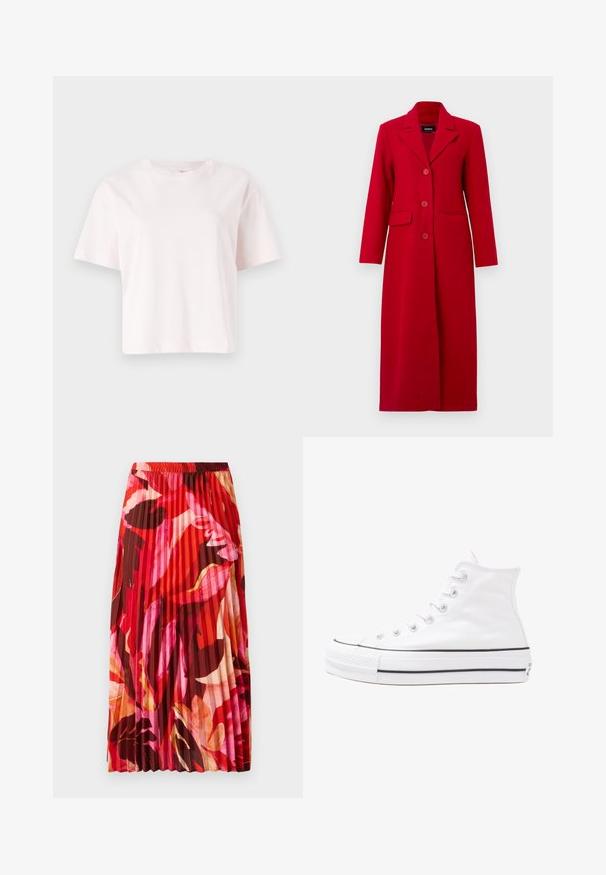 Garšs sarkans skapja mētelis ar apkakli, trim pogām un divām priekšējām kabatām. Izgatavots no gludas auduma, tas izceļas ar pielāgotu dizainu un taisnu siluetu.; Gaiši rozā, īsām piedurknēm, īsais t-krekls, izgatavots no mīksta kokvilnas. Ar apaļu kakla izgriezumu un brīvu piegriezumu. Nav redzamu rakstu vai metāla detaļu.; Izplešanās maksi svārki ar dzīvīgu sarkanu, rozā un brūnu ziedu rakstu. Elastīgs josta un gluda tekstūra uzlabo komfortu un stilu.; Balti augstie kanvas sporta apavi ar melnu gumijas zoli, priekšējo gumijas purngalu un sešām acīm lencēm, kuriem ir tīrs, minimālistisks dizains.