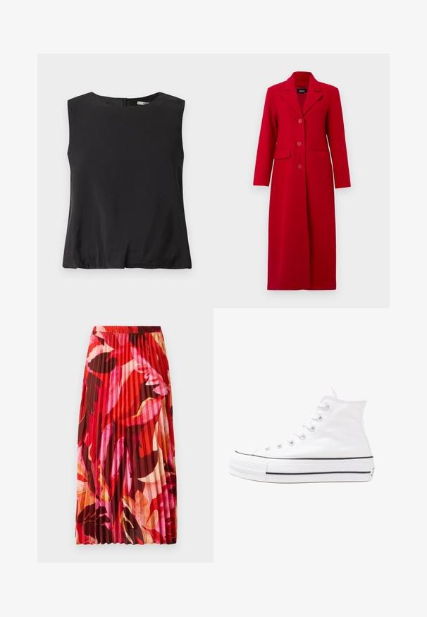 Lang rød jakke med krave, tre knapper og to forlommer. Lavet af glat stof, har den en skræddersyet design og lige silhuet.; Sort ærmeløs top lavet af glat stof, med rund halsudskæring og en lynlås i ryggen til lukning. Enkel design uden mønstre.; Blomsterbluse med lange puffærmer, lys cremefarvet base, prydet med lilla, orange og grønne blomster mønstre samt klassisk krave design.; Plisseret maxiskørt i et livligt mønster med røde, pink og brune blomster. Elastisk talje og glat tekstur forbedrer komforten og stilen.; Hvide høje kanvas sneakers med sort gummisål, gummitåhætte foran og seks øjehuller til snørebånd, der har et rent, minimalistisk design.