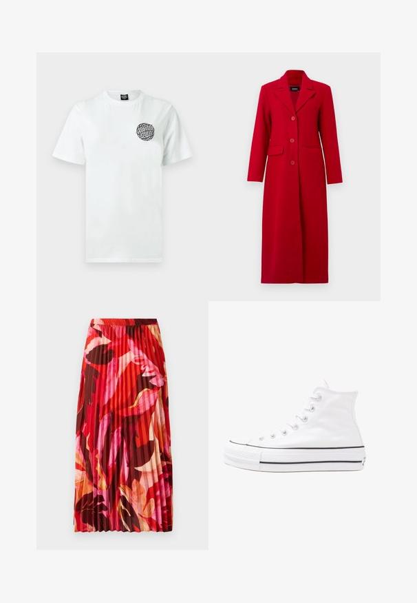 Pikk punane mantel, millel on krae, kolm nööpi ja kaks esitaskut. Valmistatud siledast kangast, sellel on kohandatud disain ja sirge siluett.; Valge puuvillane t-särk, millel on ümmargune must ja roheline logo vasakul rinnal. Klassikaline ümar kaelus ja lühikesed varrukad, millel on sile tekstuur.; Plisseeritud maksiseelik erksates punastes, roosades ja pruunides lillemustriga. Elastne vöökoht ja sile tekstuur toovad lisamugavust ja stiili.; Valge kõrgem kangast tenniseking, millel on must kummist tald, ees kummist varvasetugi ja kuus aukku paelte jaoks, pakkudes puhta ja minimalistliku disaini.