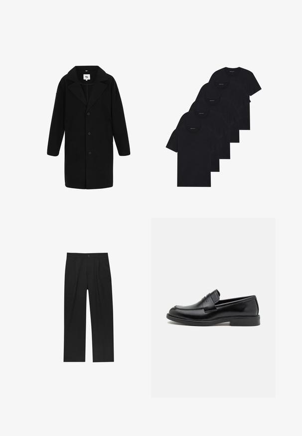 Schwarzer Mantel mit Reverskragen, langen Ärmeln und geradem Schnitt. Der Stoff hat eine weiche Textur, verfügt über Knöpfe und seitliche Taschen.; Pack von fünf schwarzen Rundhals-T-Shirts. Kurze Ärmel, Baumwollmaterial, normale Passform. Glatte Textur ohne sichtbare Muster oder Verzierungen.; Schwarze Hose mit geradem Schnitt, aus einem glatten Stoff gefertigt. Verfügt über Vorderfalten und einen einzelnen Knopfverschluss an der Taille.; Schwarze Lederloafer mit einer runden Zehenform, genähten Details über dem Vorderfuß und einer flachen Gummisohle für besseren Halt. Glatte Textur überall.