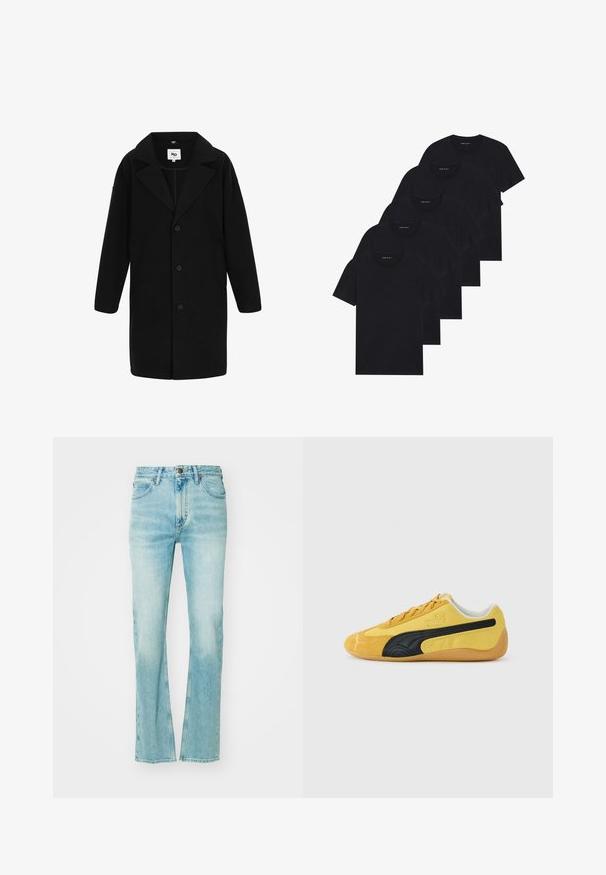 Črn plašč z nazobčanim ovratnikom, dolgimi rokavi in ravnim krojem. Tkanina ima mehak teksturo, vsebuje gumbe in stranske žepe.; Pak petih črnih majic s kratkimi rokavi in ovratnikom v obliki črke crew. Iz bombažne tkanine, standardni kroj. Gladka tekstura brez vidnih vzorcev ali okraskov.; Svetlo modri jeans z ravnim krojem, ki imajo visok pas, sprednje žepe in izblikan videz. Uviena tekstura blizu roba.; Nizkoprofilski rumeni semiš čevlji Puma z črno črto na strani in gumijastim podplatom, prikazani v stranskem pogledu na beli podlagi.