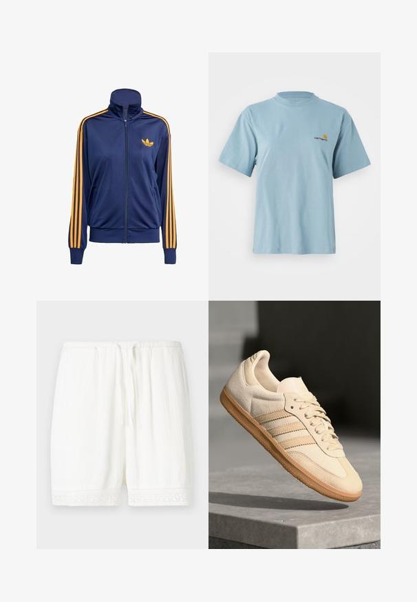 Navy blue zip-up jacket with high collar, orange stripes running down sleeves, and small orange logo on the chest. Smooth, athletic fabric.; Light blue short-sleeve cotton t-shirt with round neck and small yellow and red Carhartt logo on left chest.; White shorts made of lightweight fabric, featuring a textured finish and a lace trim at the hem. Elastic waistband with adjustable drawstring.; Light beige suede sneaker with gum outsole, three diagonal stripes, and a textured toe cap. Features logo on the tongue and side.