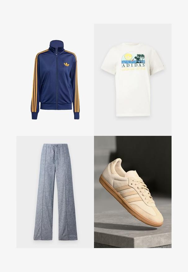 Marineblauwe ritssluitingjacket met hoge kraag, oranje strepen langs de mouwen en een klein oranje logo op de borst. Glad, atletisch materiaal.; Witte katoenen t-shirt met een grafisch ontwerp van een zon, palmbomen en water. "ADIDAS Sports Club" gedrukt in groen en geel.; Wijdvallende broek in een lichtblauwe stof met een subtiele textuur, met een elastische tailleband en een trekkoord voor aanpassing.; Lichtbeige suède sneaker met een gumrubberen buitenzool, drie diagonale strepen en een textuur op de neus. Voorzien van een logo op de tong en de zijkant.