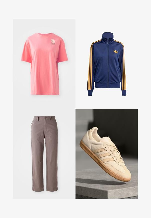 Mornarsko modra zip-up jakna z visokim ovratnikom, oranžne črte, ki tečejo po rokavih, in majhna oranžna oznaka na prsih. Gladko, športno blago.; Bela kratka majica v koraljno roza barvi iz bombaža z okroglim izrezom. V zgornjem levem predelu prsnega koša se nahaja majhna bela logotip.; Rjave bombažne twill hlače s ravnim krojem, ki imajo sprednje zapiranje na gumb in stranske žepke, gladko teksturo in čiste linije.; Svetlo bež semišni športni copat z gumijastim podplatom, trije poševni trakovi in teksturiran zaščitni del. Vsebuje logotip na ježku in strani.