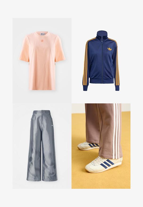 Námořnická modrá mikina na zip s vysokým límcem, s oranžovými pruhy běžícími po rukávech a malým oranžovým logem na hrudi. Hladká, atletická tkanina.; Tričko z bavlny v broskvové barvě, s krátkými rukávy a kulatým výstřihem, s vyšitým logem uprostřed. Volný střih s bočními rozparky.; Kalhoty s širokými nohavicemi z lesklého šedého materiálu, se bílými bočními pruhy a plamenným vzorem na spodní části nohavic. Zapínání na knoflík a zip v pase.; Krémové tenisky s modrými semišovými pruhy, bílými tkaničkami a gumovou podrážkou. Spárovány se šedými tepláky s bílými bočními pruhy.