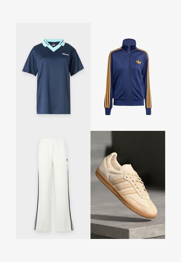 Tumesinine tõmblukuga jakk kõrge kraega, oranžid triibud, mis kulgevad allapoole varrukatele, ja väike oranžlogo rinnal. Sile, spordiline kangas.; Tumesinine lühikeste varrukatega polo särk, millel on helesinine krae ja vertikaalne triibumuster. Rinnal on valge brändi logo.; Valge-kreemjas, soonikkoes püksid, millel on alt laienev lõige. Küljel on tumesinised triibud ja puusal Adidas logo. Elastne vöökoht.; Hele beeži sueded spordijalatsid, millel on kummist välistald, kolm diagonaalset triipu ja tekstuuriga varvaste katus. Omab logo keelel ja külgedel.