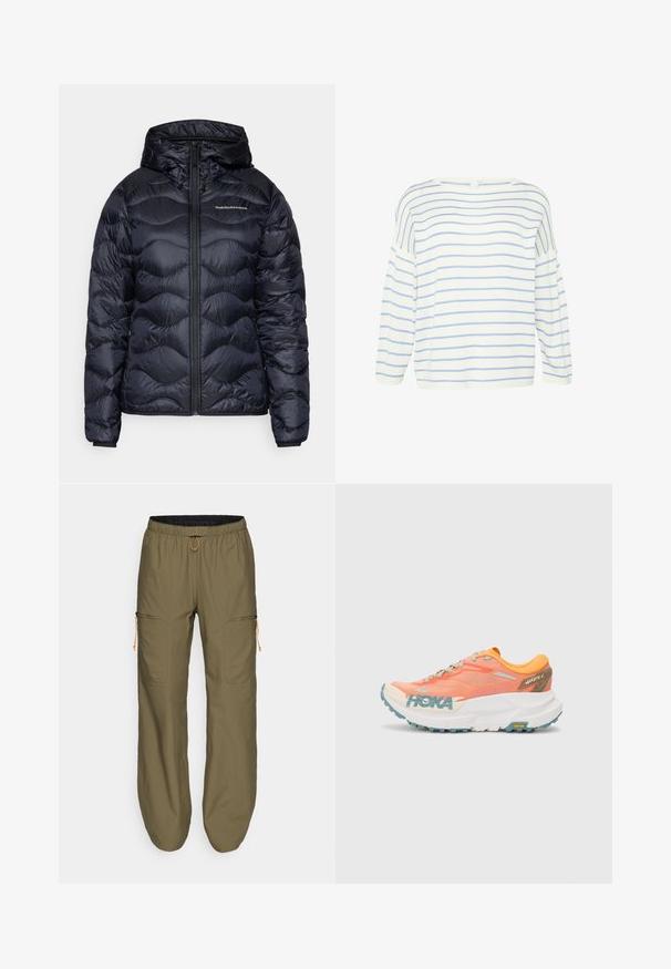 Marineblauwe pufferjas met een capuchon, voorzien van een gestikt motief, ritssluiting aan de voorkant en een logo op de borst. Soepel, lichtgewicht materiaal.; Witte lange mouwen top met blauwe horizontale strepen. Heeft een wijde halslijn en een losse fit, gemaakt van zachte stof met een gladde textuur.; Lichte olijfgroene cargobroek met elastische tailleband en oranje trekkoord; heeft ritssluitingen aan de zijkanten en gestikte accenten.; Oranje en roze hardloopschoen met een bovenwerk van mesh, witte tussenzool, Vibram-buitenzool en lichte blauwe accenten. Bevat HOKA-branding aan de zijkant.