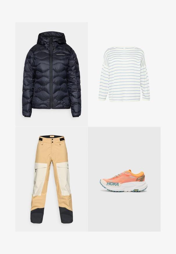 Marineblauwe pufferjas met een capuchon, voorzien van een gestikt motief, ritssluiting aan de voorkant en een logo op de borst. Soepel, lichtgewicht materiaal.; Witte lange mouwen top met blauwe horizontale strepen. Heeft een wijde halslijn en een losse fit, gemaakt van zachte stof met een gladde textuur.; Beige en witte outdoorbroek met zwarte accenten. Voorzien van cargozakken, dubbele knoopsluiting en een duurzame textuur geschikt voor verschillende omstandigheden.; Oranje en roze hardloopschoen met een bovenwerk van mesh, witte tussenzool, Vibram-buitenzool en lichte blauwe accenten. Bevat HOKA-branding aan de zijkant.