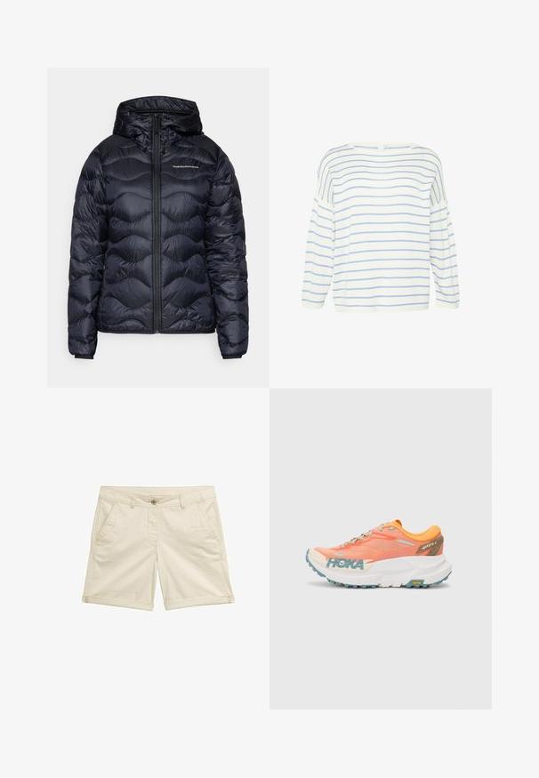 Granatowa kurtka puchowa z kapturem, z pikowanym wzorem, zamkiem błyskawicznym z przodu i logo na piersi. Gładki, lekki materiał.; Biała bluzka z długim rękawem w niebieskie poziome paski. Charakteryzuje się szerokim dekoltem i luźnym krojem, wykonana z miękkiego materiału o gładkiej fakturze.; Beżowe szorty wykonane z tkaniny tkanej, z czterema kieszeniami, zapięciem na guzik i podwiniętymi mankietami dla estetycznego wykończenia.; Pomarańczowe i różowe buty biegowe z siateczkową cholewką, białą podeszwą środkową, podeszwą Vibram oraz jasnoniebieskimi akcentami. Zawierają logo HOKA na boku.