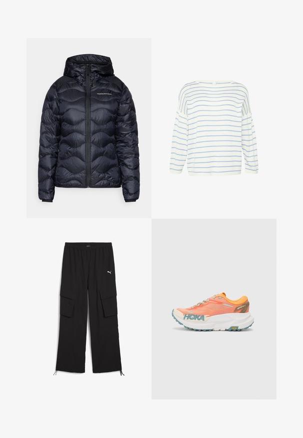 Tumesinise puffer-jakk kapuutsiga, millel on tikandit meenutav tekstuur, eesne lukuga sulgemine ja rindkere peal logo. Sile ja kerge materjal.; Valge pika varrukaga topp siniste horisontaalsete triipudega. Omab laia kaelust ja lõtva lõiget, valmistatud pehmest kangast, millel on sile tekstuur.; Mustad mustad püksid laia jalaga, elastse vöökoha, kahe külje tasku ja nöörhooldusega. Omab väikest valget logo.; Kollane ja roosa jooksujalats, millel on silmaga pealmine osa, valge vaheosa, Vibrami välistald ja helesinised aktsendid. Küljes on HOKA brändimine.