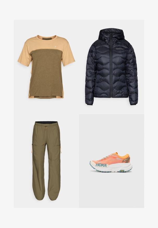 Marineblå vinterjakke med hette, har en quiltet tekstur, front glidelås lukking, og en logo på brystet. Glatt, lett materiale.; T-skjorte med kort arm og rund hals, med beige øvre del og olivengrønn nedre del, med en liten logo på brystet.; Lette olivengrønne cargobukser med elastisk liv og oransje snor; har glidelåslommer på siden og sydd detaljer.; Oransje og rosa løpesko med mesh-overdel, hvit mellomsåle, Vibram yttersåle og lyseblå detaljer. Har HOKA-merke på siden.