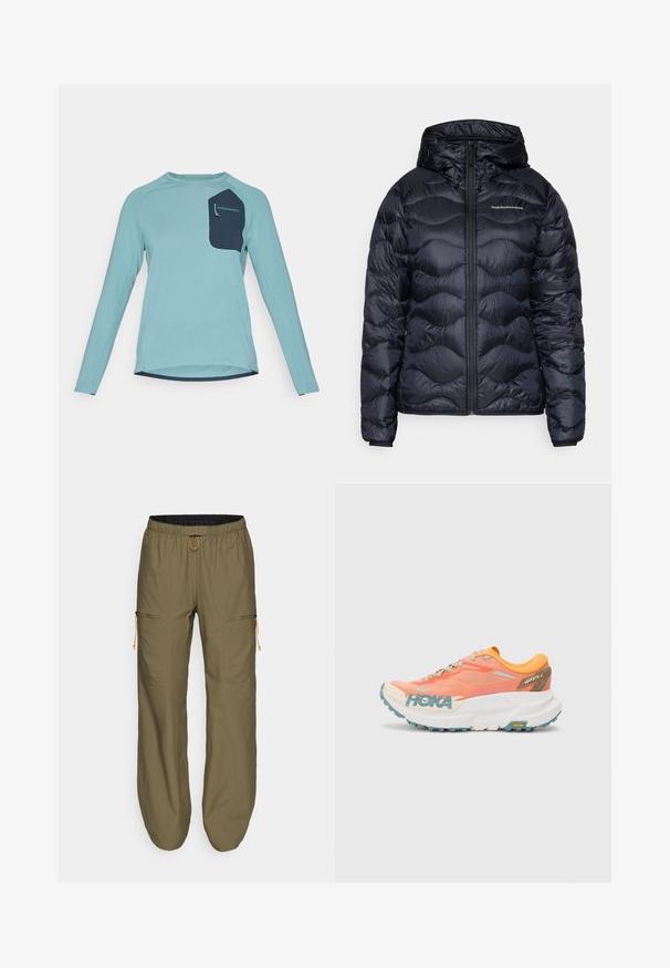 Marineblå vinterjakke med hette, har en quiltet tekstur, front glidelås lukking, og en logo på brystet. Glatt, lett materiale.; Langermet skjorte i lys blå teksturert stoff. Har en marineblå lomme med merke. Rund halslinning og buet hemdesignet.; Lette olivengrønne cargobukser med elastisk liv og oransje snor; har glidelåslommer på siden og sydd detaljer.; Oransje og rosa løpesko med mesh-overdel, hvit mellomsåle, Vibram yttersåle og lyseblå detaljer. Har HOKA-merke på siden.