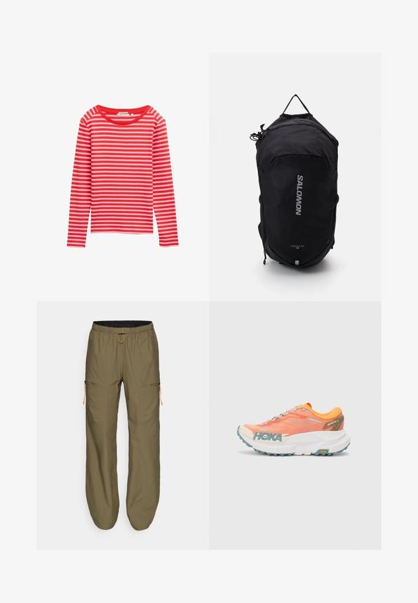 Námořnická prošívaná bunda s kapucí, která má prošívanou strukturu, přední zip a logo na hrudi. Hladký, lehký materiál.; Dlouhý rukáv, top s červenými a světle růžovými vodorovnými pruhy, kulatý výstřih, měkká tkanina, volný střih, žádné viditelné kovové prvky ani ozdoby.; Lehké olivově zelené cargo kalhoty s elastickým pasem a oranžovým šňůrkem; mají zipové boční kapsy a prošívané detaily.; Oranžovo-růžová běžecká obuv s mesh svrškem, bílou mezipodešví, Vibram podrážkou a světle modrými akcenty. Na boku je branding HOKA.; Černý batoh Salomon Trailblazer 10 s zaobleným tvarem, texturovanou tkaninou, předním zipem a reflexními logo detaily.
