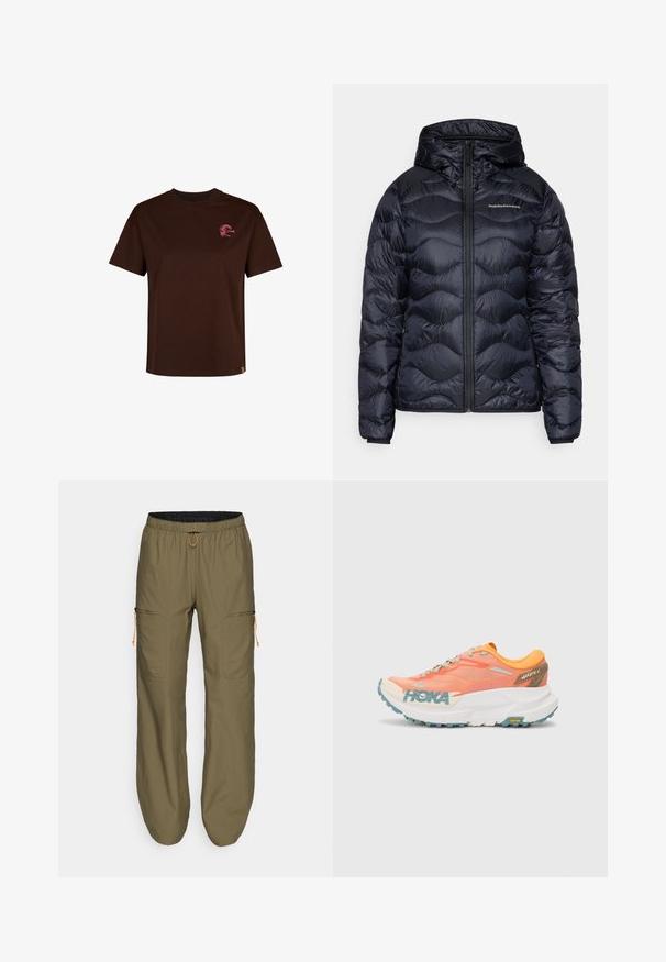 Marineblå pufferjakke med hætte, med en kviltet tekstur, lynlås foran og et logo på brystet. Glat, let materiale.; Brun bomulds T-shirt med rund halsudskæring og korte ærmer. Har et lille pink logo på brystet og en lige kant.; Lette olivengrønne cargo bukser med elastisk talje og orange snor; har lynlåslommer på siden og syede detaljer.; Orange og pink løbesko med mesh-overdel, hvid mellemsål, Vibram ydersål og lyseblå detaljer. Har HOKA-branding på siden.