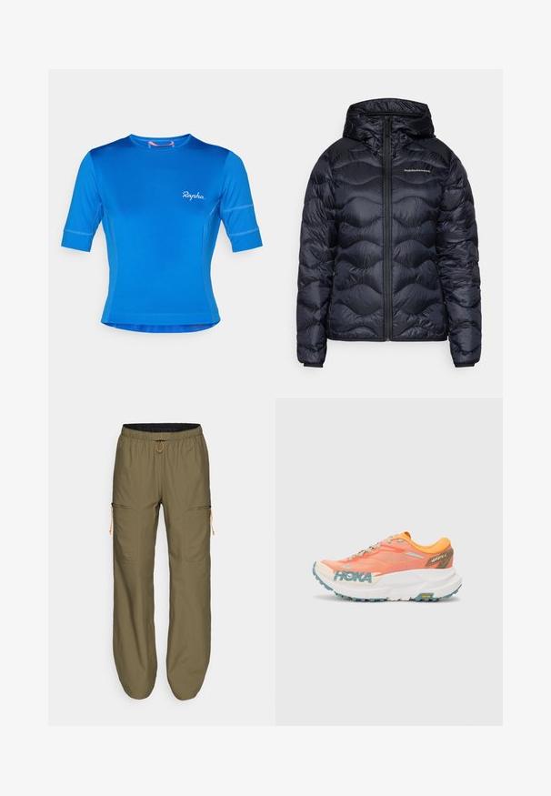 Marineblå vinterjakke med hette, har en quiltet tekstur, front glidelås lukking, og en logo på brystet. Glatt, lett materiale.; Kortslepet sykkeltrøye i lys blått stoff med en glatt tekstur. Har rund hals og hvit "Rapha."-logo på forsiden.; Lette olivengrønne cargobukser med elastisk liv og oransje snor; har glidelåslommer på siden og sydd detaljer.; Oransje og rosa løpesko med mesh-overdel, hvit mellomsåle, Vibram yttersåle og lyseblå detaljer. Har HOKA-merke på siden.