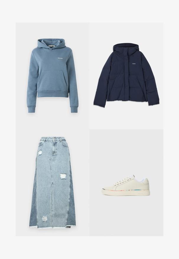 Tummansininen puhallettava takki, jossa on kiristettävä huppu, täysi vetoketju edessä, kaksi etutaskua ja pieni valkoinen logo vasemmassa rinnassa. Sujuva pinta.; Sininen lyhyt huppari, jossa etupuolella kengurutasku ja pieni valkoinen "Holzweiler"-logo vasemmassa rinnassa, joustavat hihansuut ja helma.; Hame denim yang menampilkan perpaduan kain biru muda dan tua, tambalan yang terdistorsi, pinggang tinggi, dan tepi yang frayed.; Valkoinen matala tennari nauhalla, valkoisella sisävuorella ja huomaamattomalla monivärisellä koristelulla kengän pohjan reunassa, sivuprofiili.