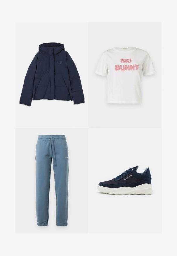 Náměsíčná modrá péřová bunda s nastavitelnou kapucí, plným předním zipem, dvěma předními kapsami a malým bílým logem na levé hrudi. Hladká textura.; Bílé bavlněné tričko s nápisem "SKI BUNNY" z vyvýšených růžových umělých kožešinových písmen. Krátké rukávy a kulatý výstřih.; Modré joggingové kalhoty s elastickým pasem, nastavitelným stahováním, bočními kapsami, elastickými manžetami a malým bílým logem na levém stehně.; Tmavě námořnické semišové tenisky s bílými gumovými podrážkami, kulatou špičkou a šněrovacím designem. Obsahují detaily loga na straně a texturované akcenty.