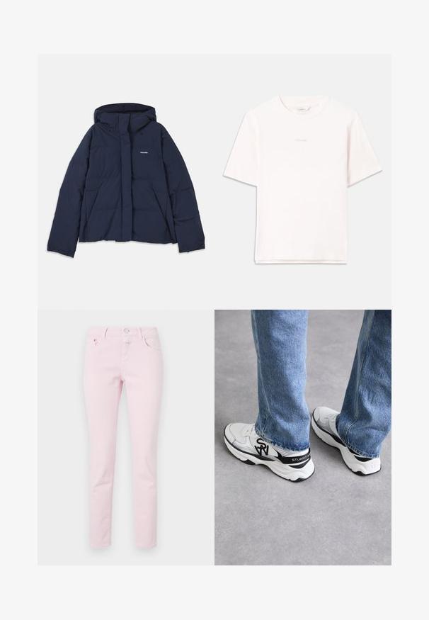 Tamno plava jakna na punjenje s kapuljačom na žicu, cijelim prednjim patentnim zatvaračem, dva prednja džepa i mali bijeli logo na lijevoj strani prsnog koša. Glatka tekstura.; Svijetloružičasta majica kratkih rukava od pamuka s okruglim izrezom i izvezеним logotipom u suptilnoj nijansi na prsima.; Svijetlo ružičaste traperice uskog kroja, s kopčanjem na dugme i patentnom zatvaraču, dizajn s pet džepova i detaljima šiva.; Bijele i sive atletske tenisice s mrežastim gornjim dijelom, crnim akcentima i istaknutim logotipom sa strane i na peti, u kombinaciji s plavim trapericama.