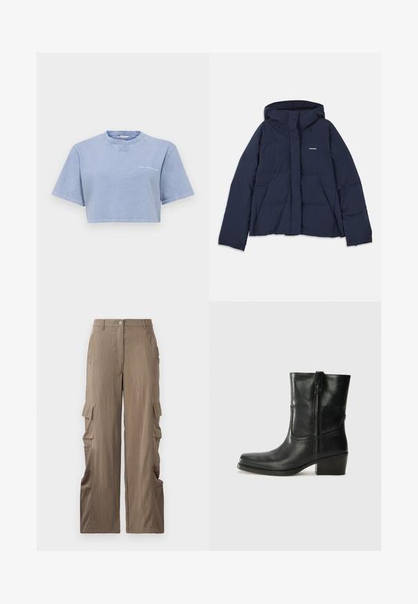 Mörkblå puffjacka med dragsko på huva, fullständig frontdragkedja, två framfickor och en liten vit logotyp på vänster bröst. Slät textur.; Ett kortärmat ljusblått t-shirt av mjukt tyg, med rund halsringning och en liten grafisktryck på framsidan.; Cargo-byxor i lätt brun tyg, med rak bendesign, två sidofickor och två cargofickor på låren.; Svart läderankelboot med rund tå, blockklack, sidodragkedja och sömmar på ovandelen. Slät textur, klassisk design.