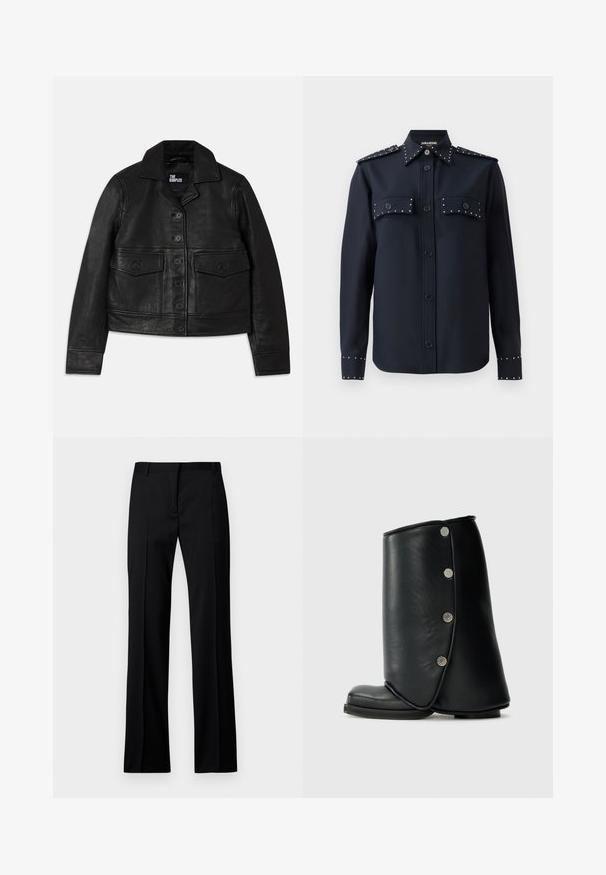 Fekete bőrkabát, amelynek galléros nyaka, gombos záródása, két elülső zseb flap-szerű kialakítással és crop szabása van. Simító textúrájú és testhezálló fazon.; Tengerészkék hosszú ujjú ing, gombos záródással és két elülső zsebből. Ezüst szegecsek találhatók a zsebeken és az ujjakon, sima anyagból készült.; Fekete, sima anyagú, egyenes szárú nadrág, lapos elülső résszel, övhurkokkal, és látható zsebek vagy díszítések nélkül.; Fekete bőr bokacsizma ívelt designnal, kerek orral és díszítő ezüst gombokkal a külső oldalon.