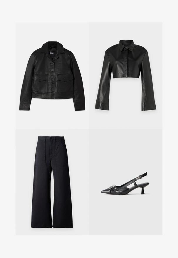 Črna usnjena jakna s ovratnikom, gumbnim zaklepanjem, dvema sprednjima žepoma s preklopom in skrajšano zasnovo. Gladka tekstura in prilagojen kroj.; Črn skrajšan usnjen plašč s ovratnikom in dolgimi razširjenimi rokavi. Ima sprednje gumbe za zapiranje in gladko, sijajno teksturo.; Široke črne hlače z visokim pasom, sprednjimi žepi in gladko teksturo materiala. Dvojni obližni žepi na sprednji strani dodajajo detajl.; Črne usnjene sandale središnje zaponke z ostro konico, okrasnimi trakovi z kovinskimi očesi in nizko blokasto peto. Teksturirana površina.