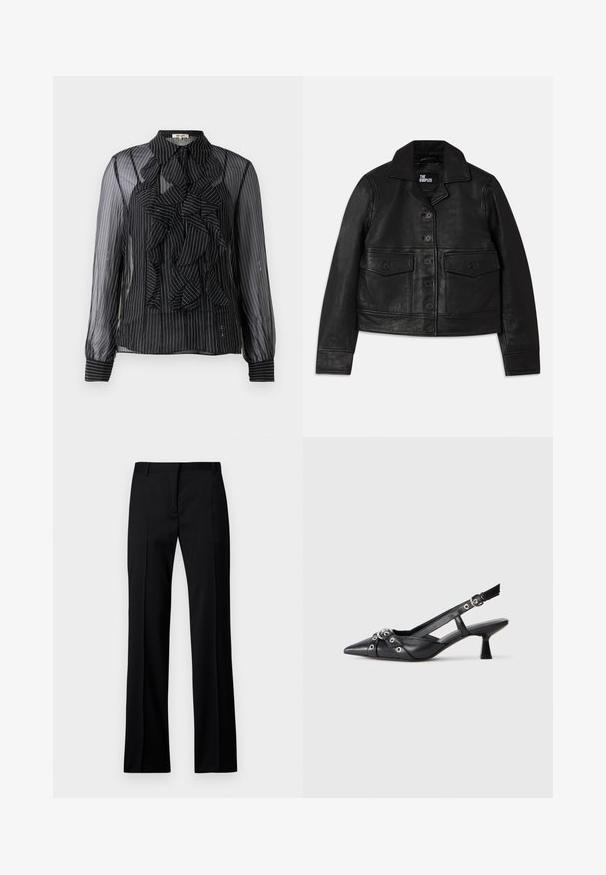 Black leather jacket featuring a collared neck, button closure, two front pockets with flaps, and a cropped design. Smooth texture and tailored fit.; Black sheer blouse with vertical white stripes, ruffled front detail, long sleeves, and a standard collar. Soft texture with button closures.; Black straight-leg trousers in smooth fabric, featuring a flat front, belt loops, and no visible pockets or embellishments.; Black leather slingback shoe with a pointed toe, decorative straps featuring metal eyelets, and a low block heel. Textured surface.
