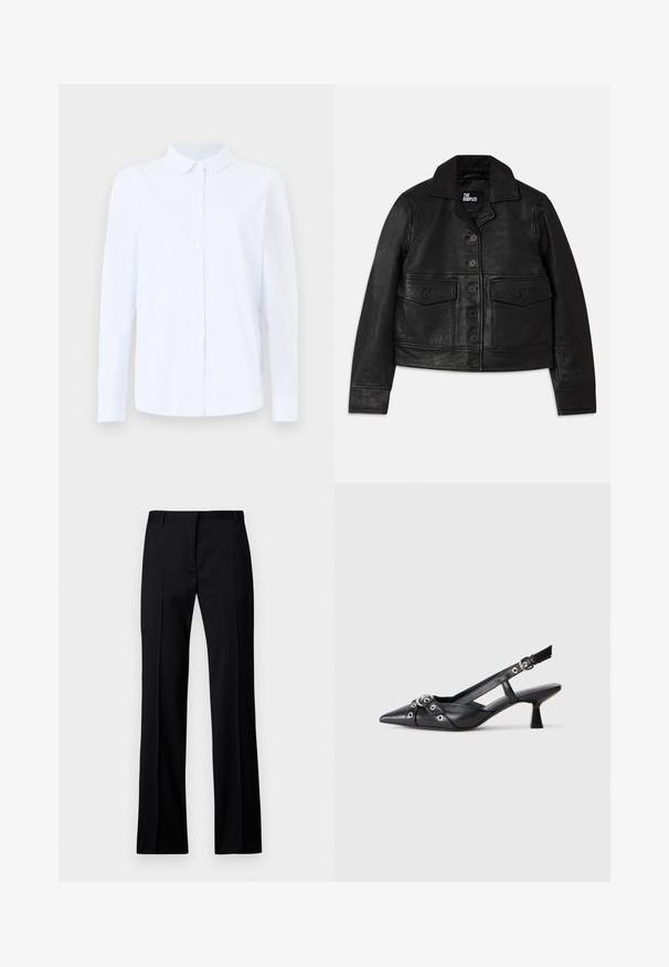 Črna usnjena jakna s ovratnikom, gumbnim zaklepanjem, dvema sprednjima žepoma s preklopom in skrajšano zasnovo. Gladka tekstura in prilagojen kroj.; Svijetloplava košulja dugih rukava od teksturiranog pamuka, sa šiljastim ovratnikom, dugmadima na preklapanju i džepom na prsima.; Črne hlače ravnega kroja iz gladkega materiala, z ravnim sprednjim delom, z passom za pas in brez vidnih žepov ali okrasnih elementov.; Črne usnjene sandale središnje zaponke z ostro konico, okrasnimi trakovi z kovinskimi očesi in nizko blokasto peto. Teksturirana površina.