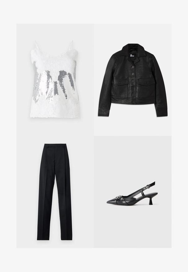 Zwarte leren jas met een kraag, knoopsluiting, twee voorzakken met kleppen en een cropped ontwerp. Zachte textuur en getailleerde pasvorm.; Witte kanten tanktop met een lijfje van zilveren pailletten die een gradient-effect creëren. Verstelbare dunne bh-bandjes en een geschulpt kanten zoom.; Zwarte broek gemaakt van gladde stof met een hoge taille, wijde benen, voorplooien en klassieke ceintuurlussen. Geen zijzakken zichtbaar.; Zwarte leren slingback schoen met een puntige neus, decoratieve banden met metalen oogjes en een lage blokhak. Textuur oppervlak.