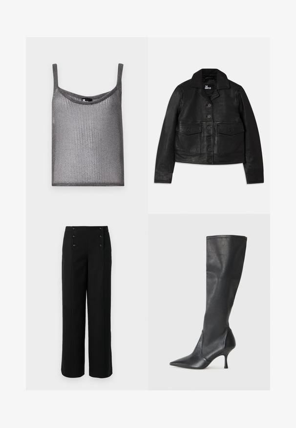 Fekete bőrkabát, amelynek galléros nyaka, gombos záródása, két elülső zseb flap-szerű kialakítással és crop szabása van. Simító textúrájú és testhezálló fazon.; Szürke, ujjatlan felső, puha, texturált kötött anyagból készült, laza szabású és kerek nyakú. Vékony vállpántokkal rendelkezik.; Fekete, széles szárú nadrág sima anyagból, magas derékkal és öt elülső gombbal a záráshoz. Elegáns, igényes kialakítás.; Térd fölötti fekete bőr csizmák hegyes orral és karcsú stiletto sarkal. Simább textúrájúak, jól illeszkedő kialakítással és varrással a tetején.