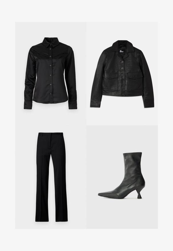 Juodas odinis švarkas su apykakle, sagomis, dviem priekinių kišenių dangteliais ir trumpa forma. Lygus paviršius ir pritaikytas siluetas.; Juodas satino marškiniai su mygtukų uždarymu priekyje, smailiu apykakle ir western tipo pečių siūlėmis su dviem krūtinės kišenėmis. Ilgomis rankovėmis su rankogaliais.; Juodi tiesūs kelnės iš lygios medžiagos, su lygiu priekiu, dirželių kilpelėmis ir be matomų kišenių ar puošybos elementų.; Juoda odinė kulkšniniu boot su smailiu pirštu, tekstūruotu pirštų dangčiu ir siauru, kūgišku kulnu. Lygus paviršius su subtiliomis siuvimo detalėmis.