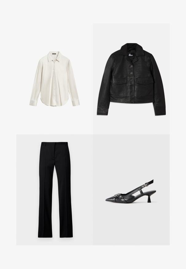 Black leather jacket featuring a collared neck, button closure, two front pockets with flaps, and a cropped design. Smooth texture and tailored fit.; White long-sleeve shirt made of smooth fabric, featuring a classic collar, button front, and curved hem. Simple design with no patterns.; Black straight-leg trousers in smooth fabric, featuring a flat front, belt loops, and no visible pockets or embellishments.; Black leather slingback shoe with a pointed toe, decorative straps featuring metal eyelets, and a low block heel. Textured surface.