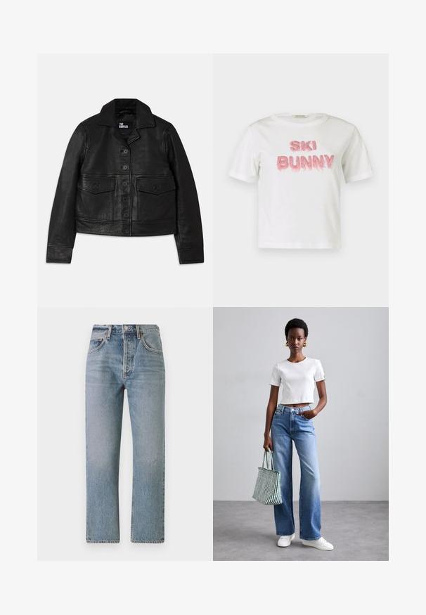 Must mustrakk mustrakk, mis sisaldab kraega kaela, nupuvajutusega sulgemist, kahte esipocketit klappidega ja lühendatud disaini. Sile tekstuur ja peenelt lõigatud sobivus.; Valge puuvillane T-särk, millel on roosast kunstkarvast tõstetud kirjaga "SKI BUNNY". Lühikesed varrukad ja ümar kaelus.; Heledad sinine teksarihm, sirge lõike, kõrge vöökoht ja klassikaline viie tasku disain. Üksikasjad hõlmavad peent pleekimist ja tõmblukk.; Valge ribaga lühike T-särk, helesinised laiad teksad ja valged tossud. Hoides roheline ja valge triibuline kott.