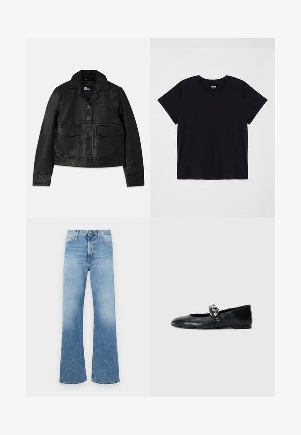 Schwarze Lederjacke mit Kragen, Knopfverschluss, zwei aufgesetzten Fronttaschen und tailliertem Schnitt. Glatte Textur und taillierte Passform.; Schwarzes Kurzarm-T-Shirt aus weicher Baumwolle. Klassisches Rundhalsausschnitt-Design mit einer einfachen, ungeschmückten Oberfläche und einem lockeren Schnitt.; Helle blaue weit geschnittene Jeans aus Denim. Merkmale sind eine hohe Taille, ein Fünf-Taschen-Design und orangefarbene Hardware-Akzente. Glatte Textur.; Schwarze Ballettflat mit spitzer Spitze, ausgestattet mit einem Riemen und einer runden, metallischen Schnalle sowie einer flachen Sohle.