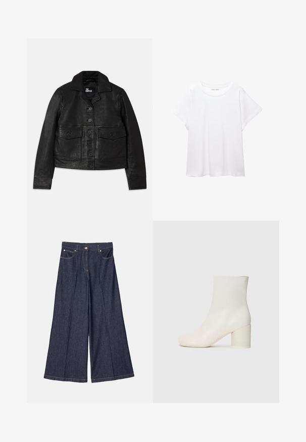 Sort læderjakke med krave, knaplukning, to forlommer med klap og cropped design. Glat tekstur og skræddersyet pasform.; Hvid T-shirt lavet af blødt, let stof. Har en rund halsudskæring og korte, brede ærmer med en afslappet pasform. Ingen synlige mønstre.; ASPESI PANTALONE - Wide leg - denim; Hvide læder ankelstøvler med afrundet tå og chunky cylindrisk hæl. Glat tekstur, minimalistisk design, ingen synligt hardware eller mønstre.