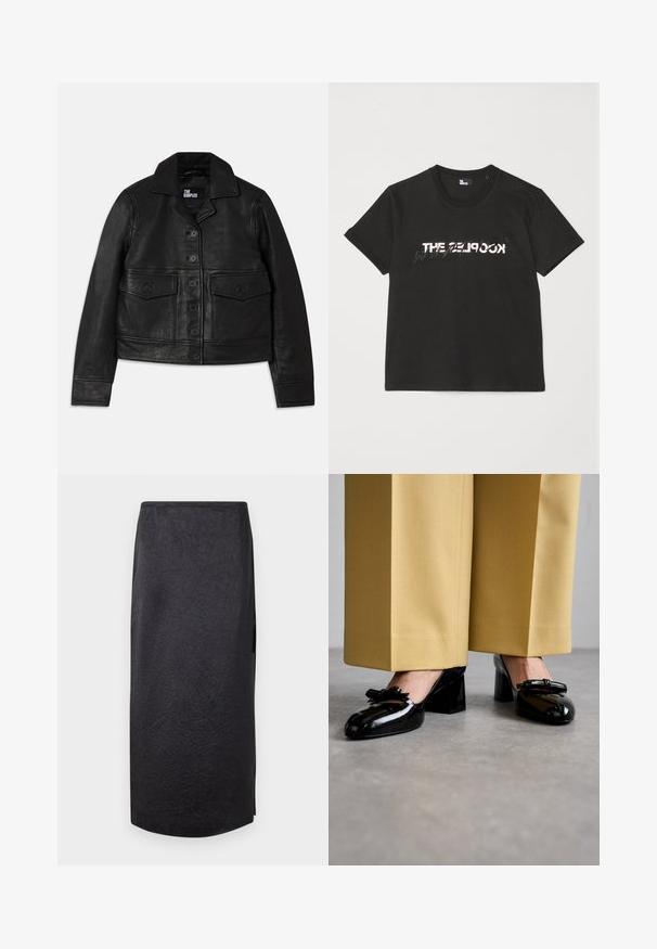 Juodas odinis švarkas su apykakle, sagomis, dviem priekinių kišenių dangteliais ir trumpa forma. Lygus paviršius ir pritaikytas siluetas.; Juodas medvilninis marškinėliai trumpomis rankovėmis, su spausdintu baltu ir pilku „THE 2LOOK“ dizainu priekyje. Klasikinis apvalus iškirpimas.; Juoda midi sijonas su suplėšyta tekstūra, tiesaus kirpimo ir šoniniu plyšiu. Medžiaga atrodo lengva. Hemas šiek tiek užapvalintas.; Stuart Weitzman FELICITY BOW BLOCK - Klasikiniai aukštakulniai - black